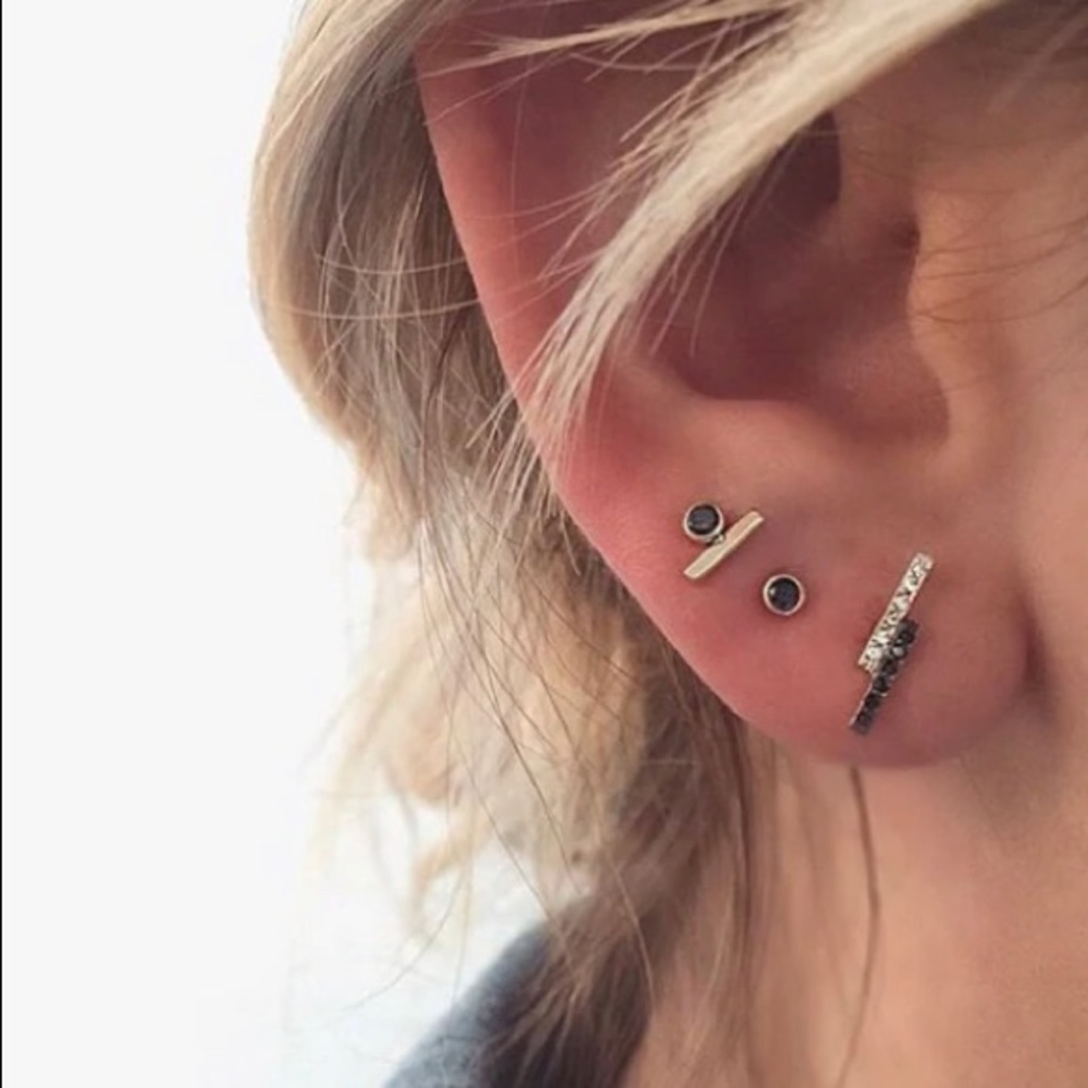 14K Solid Gold Black Diamond Bar Stud Pair